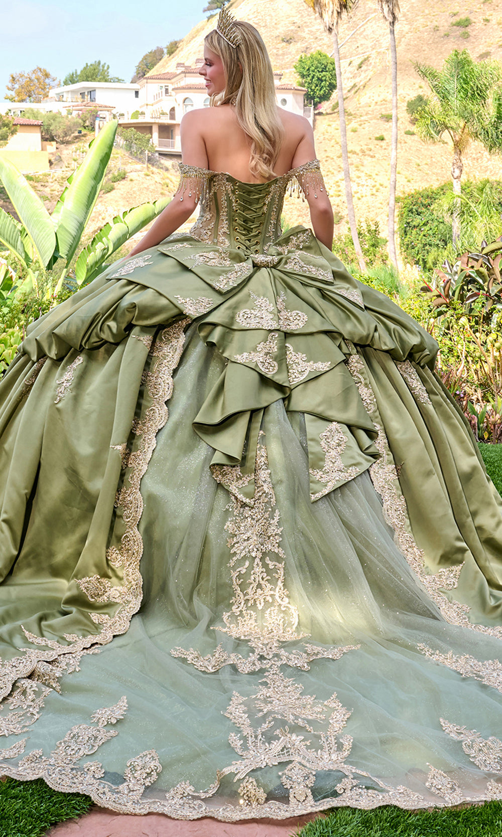 Elizabeth K GL3810 - Fringe Sleeve Embroidered Satin Ballgown Quinceanera Dresses in Green