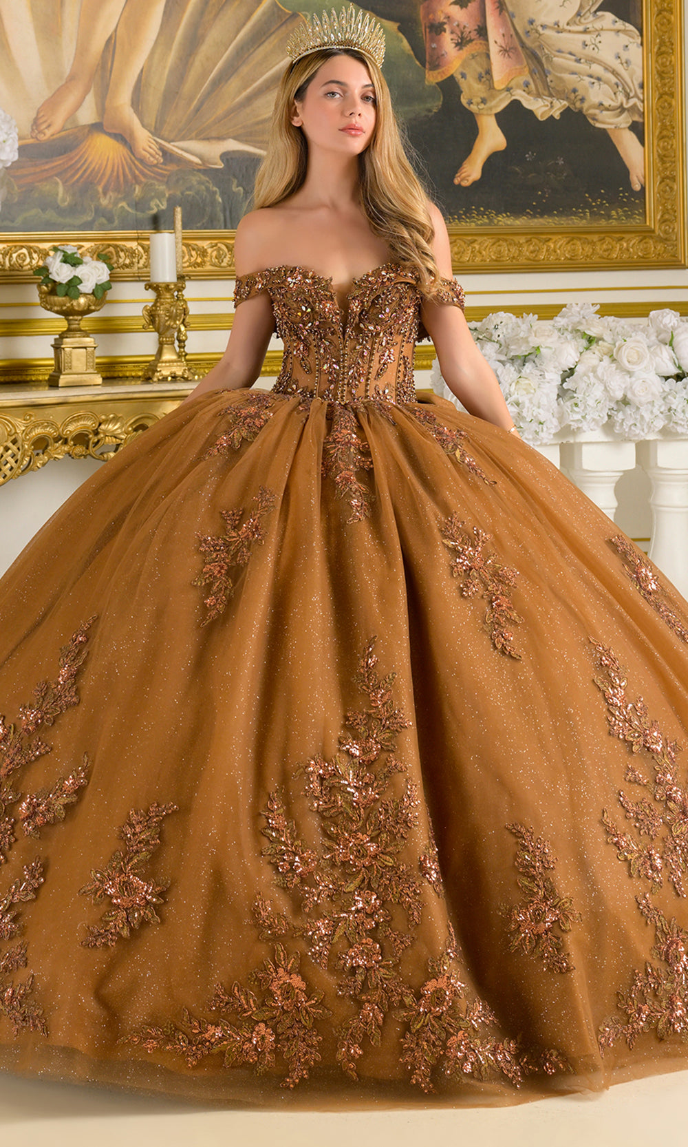 Elizabeth K GL3811 - Bow Back Embellished Tulle Quinceanera Gown Quinceanera Dresses in Brown