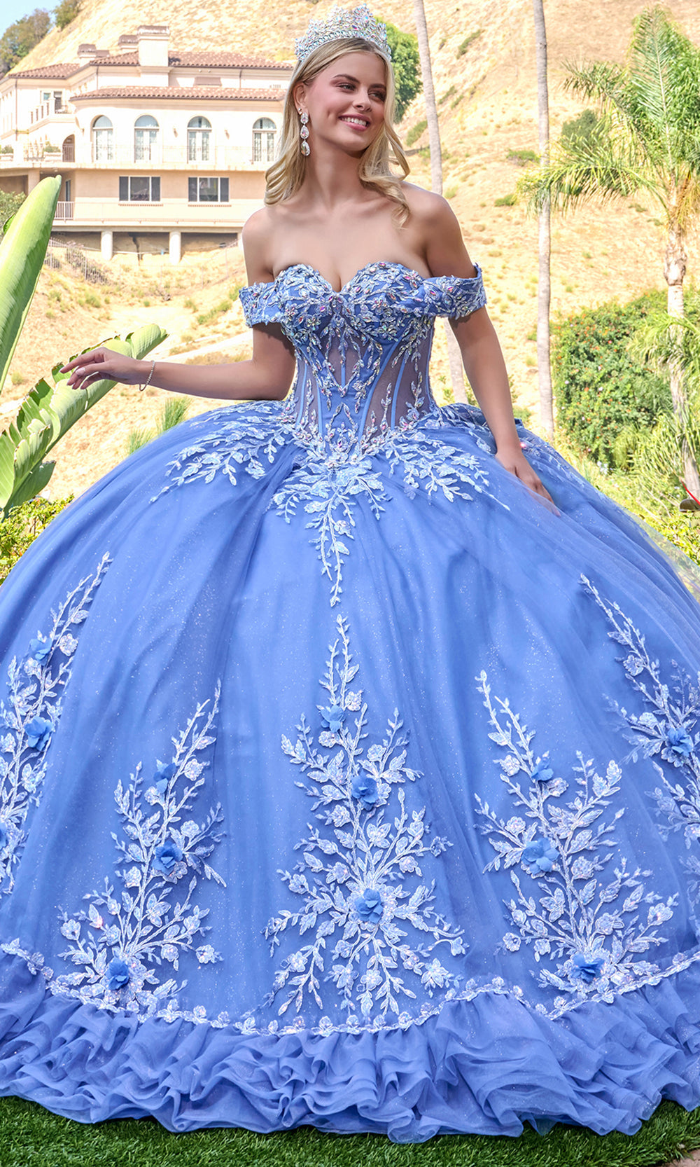 Elizabeth K GL3812 - Ruffled Hem Off Shoulder Quinceanera Gown Quinceanera Dresses in Blue