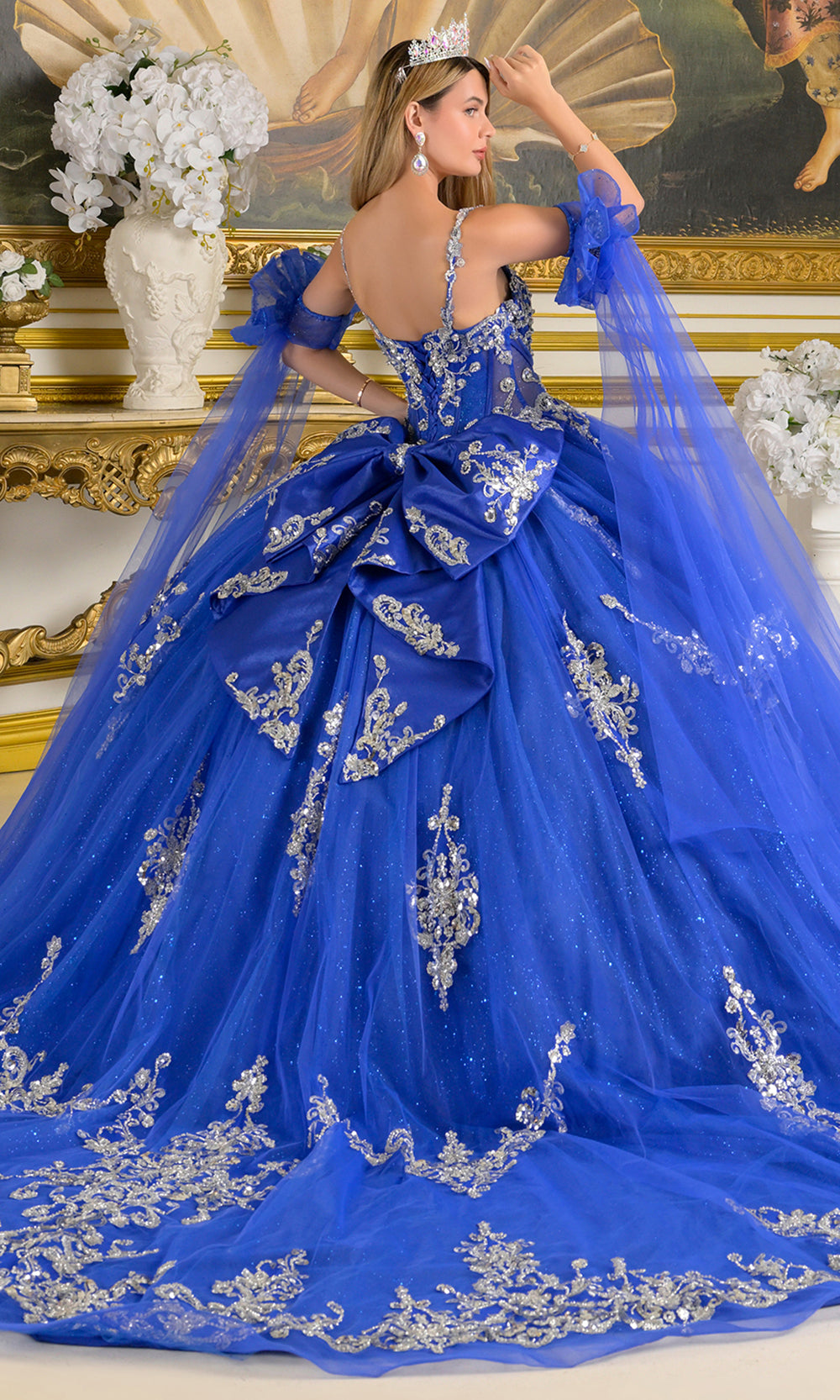 Elizabeth K GL3813 - Beaded Applique Spaghetti Strap Ballgown Quinceanera Dresses in Blue and Silver