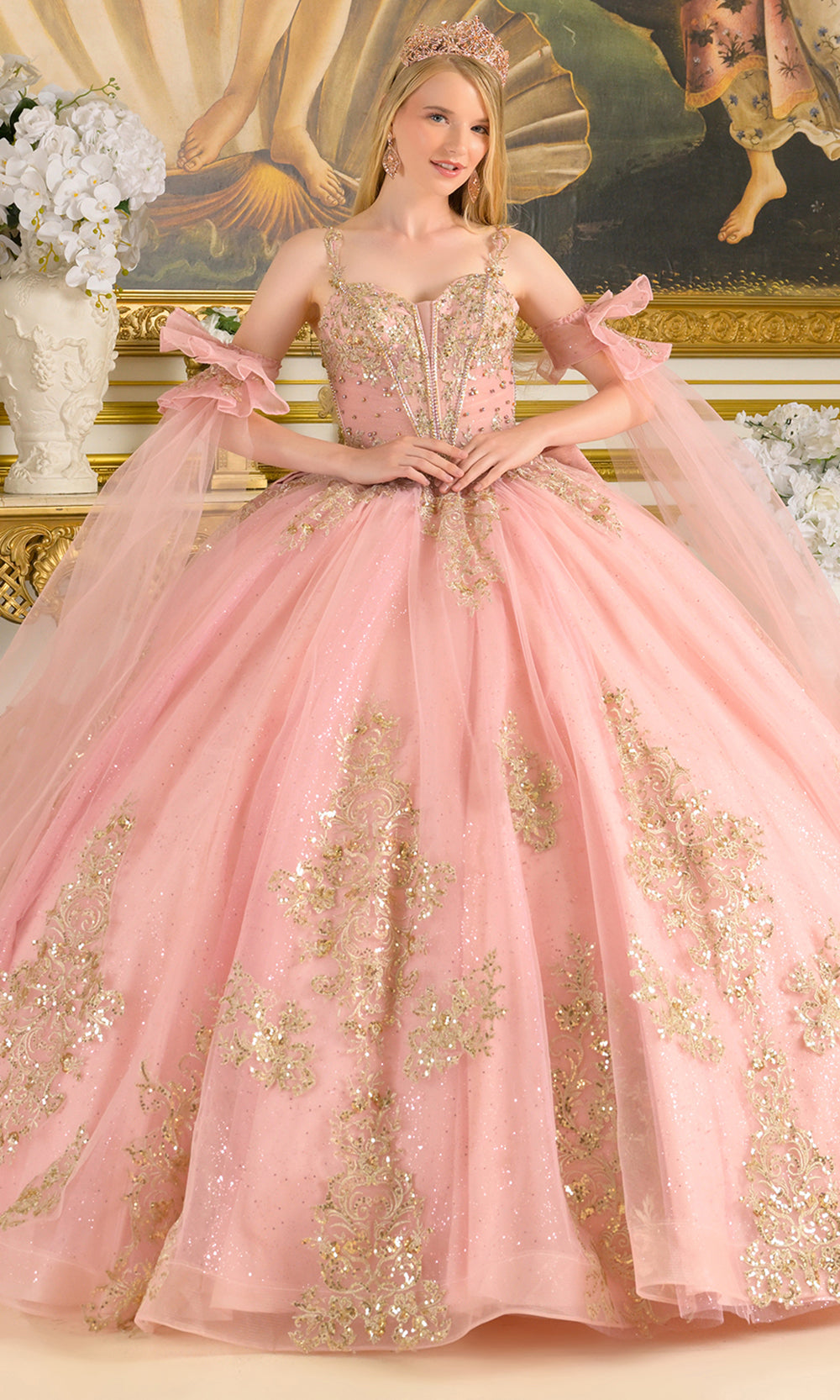 Elizabeth K GL3814 - Embroidered Tulle Detachable Cape Sleeve Gown Quinceanera Dresses in Pink