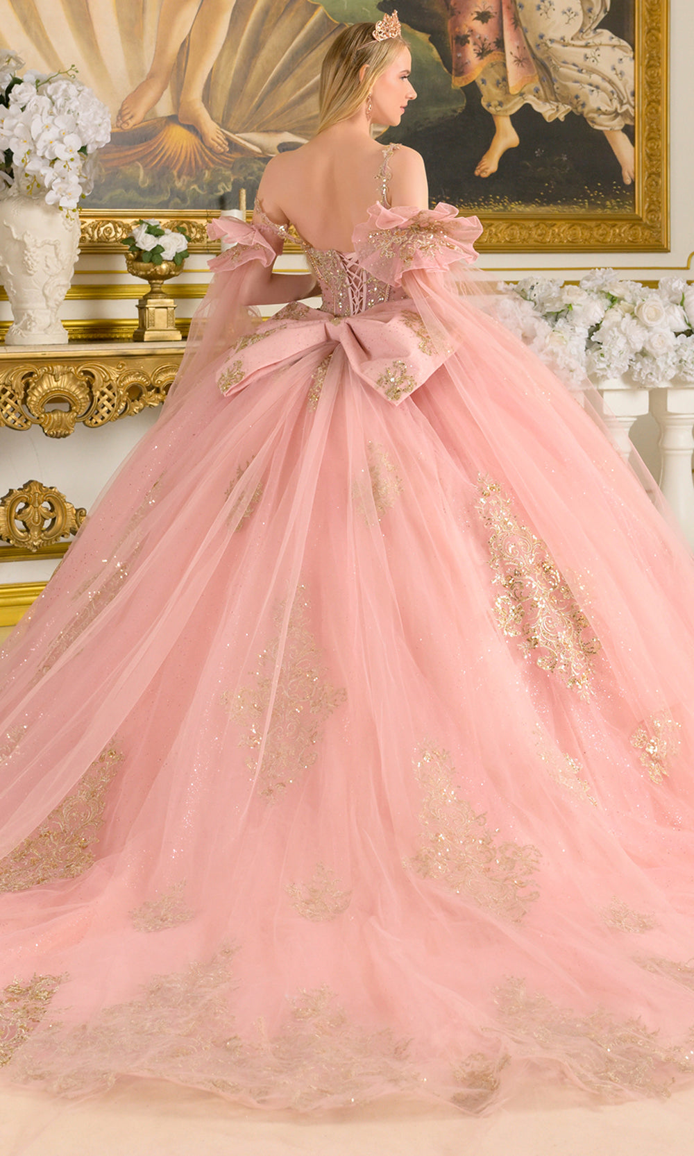 Elizabeth K GL3814 - Embroidered Tulle Detachable Cape Sleeve Gown Quinceanera Dresses in Pink