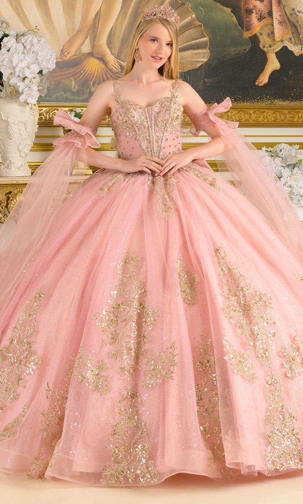 Elizabeth K GL3814 - Embroidered Tulle Detachable Cape Sleeve Gown Quinceanera Dresses in Pink