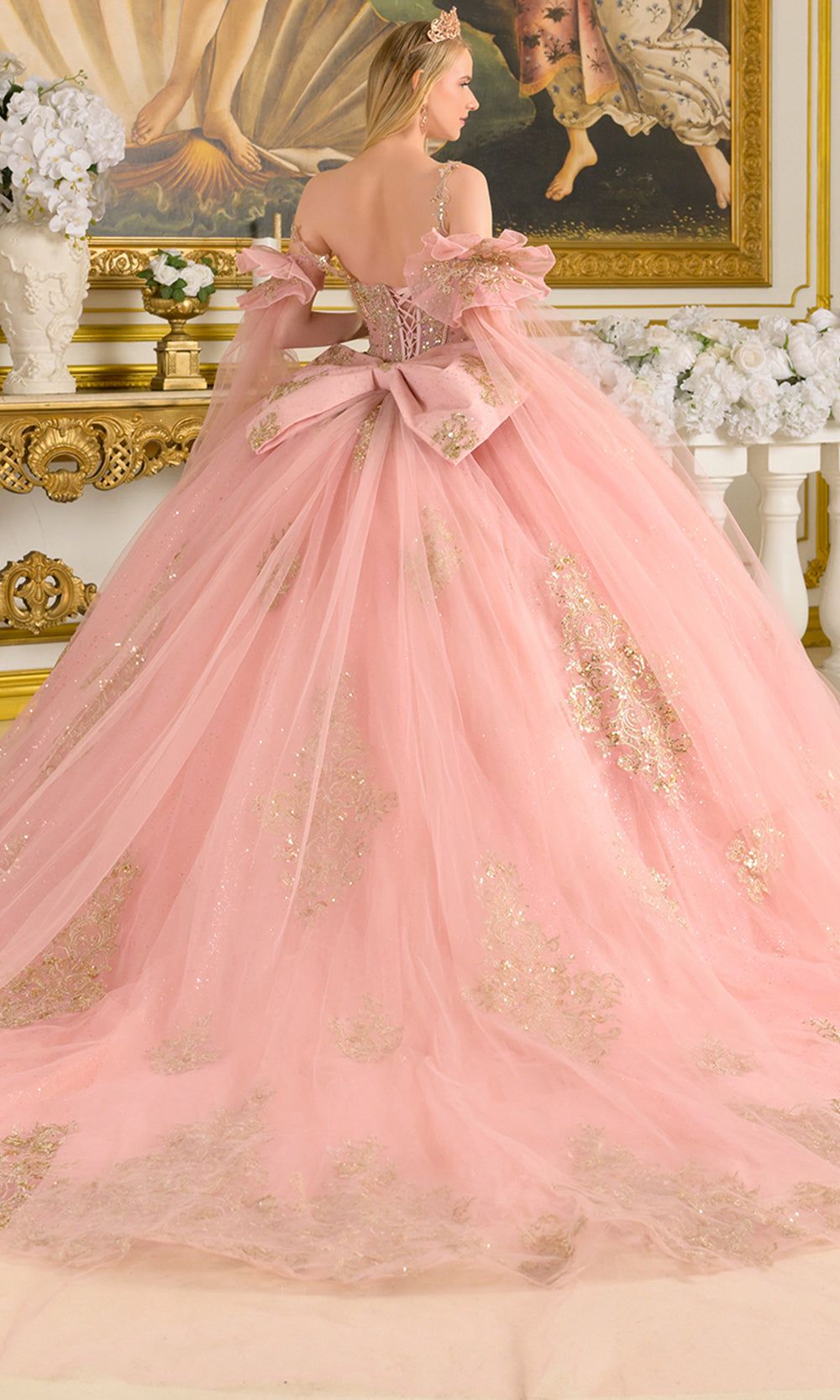 Elizabeth K GL3814 - Embroidered Tulle Detachable Cape Sleeve Gown Quinceanera Dresses in Pink