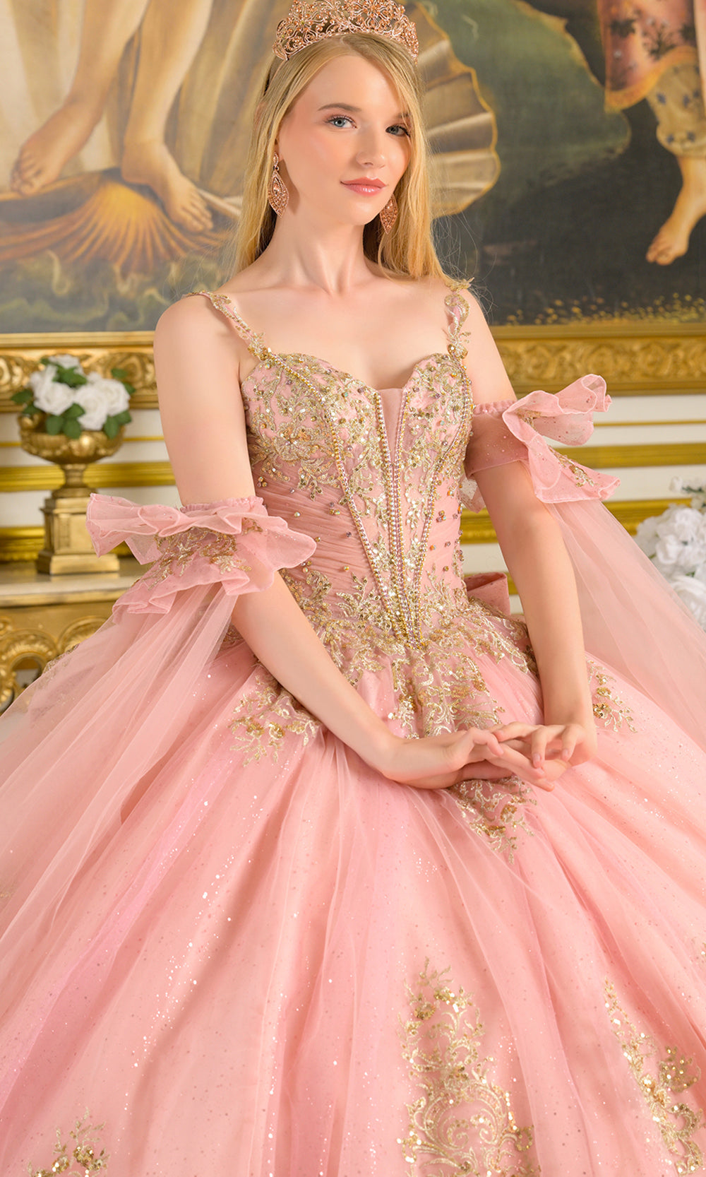 Elizabeth K GL3814 - Embroidered Tulle Detachable Cape Sleeve Gown Quinceanera Dresses in Pink