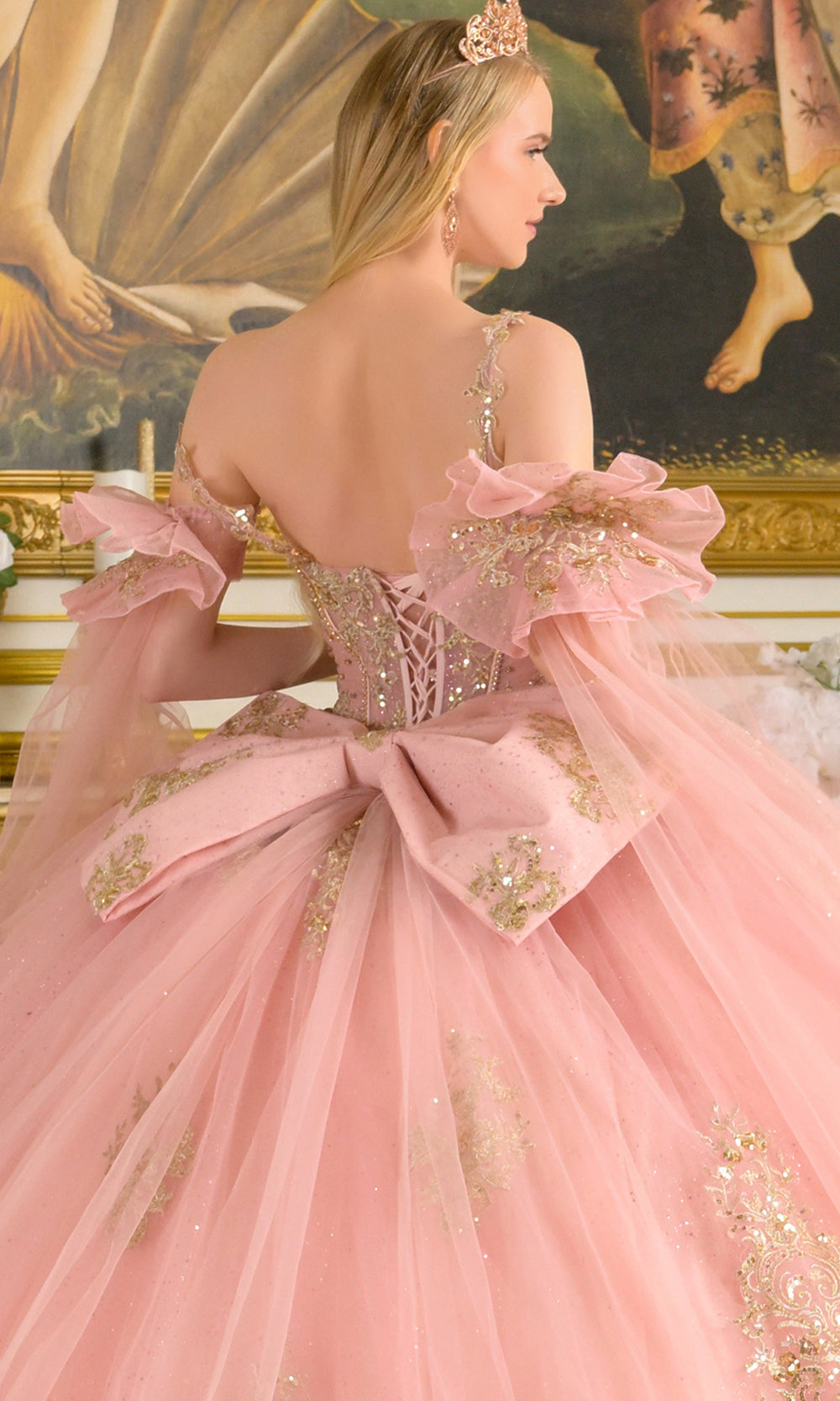 Elizabeth K GL3814 - Embroidered Tulle Detachable Cape Sleeve Gown Quinceanera Dresses in Pink