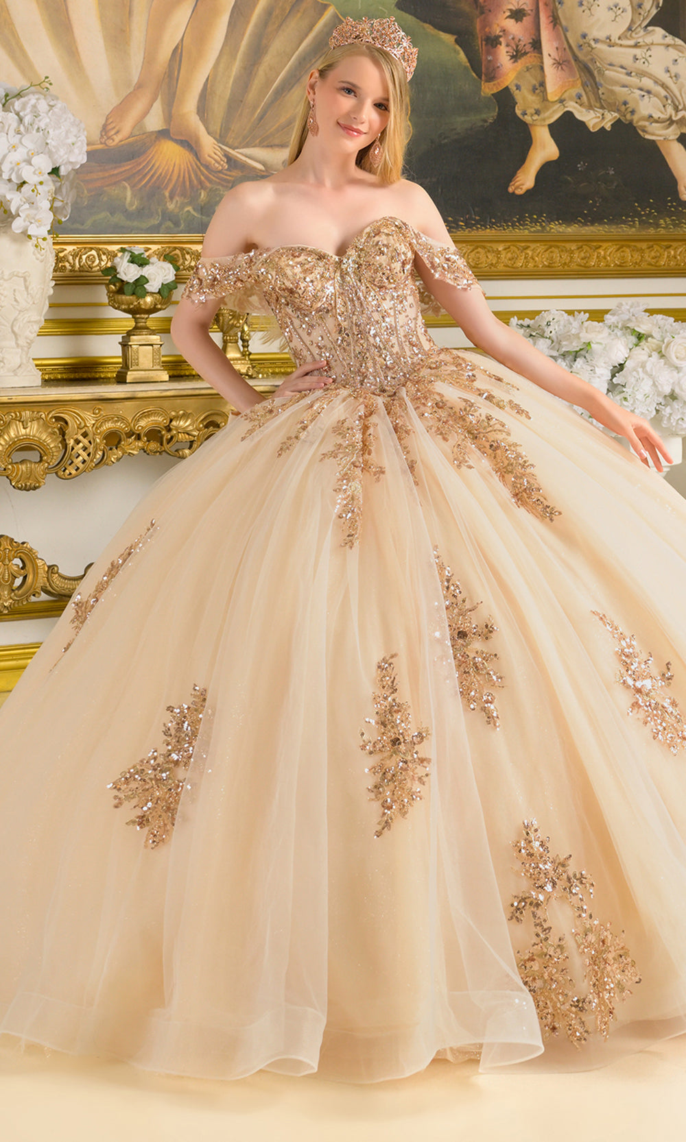 Elizabeth K GL3816 - Beaded Lace Sweetheart Voluminous Gown Quinceanera Dresses in Neutral