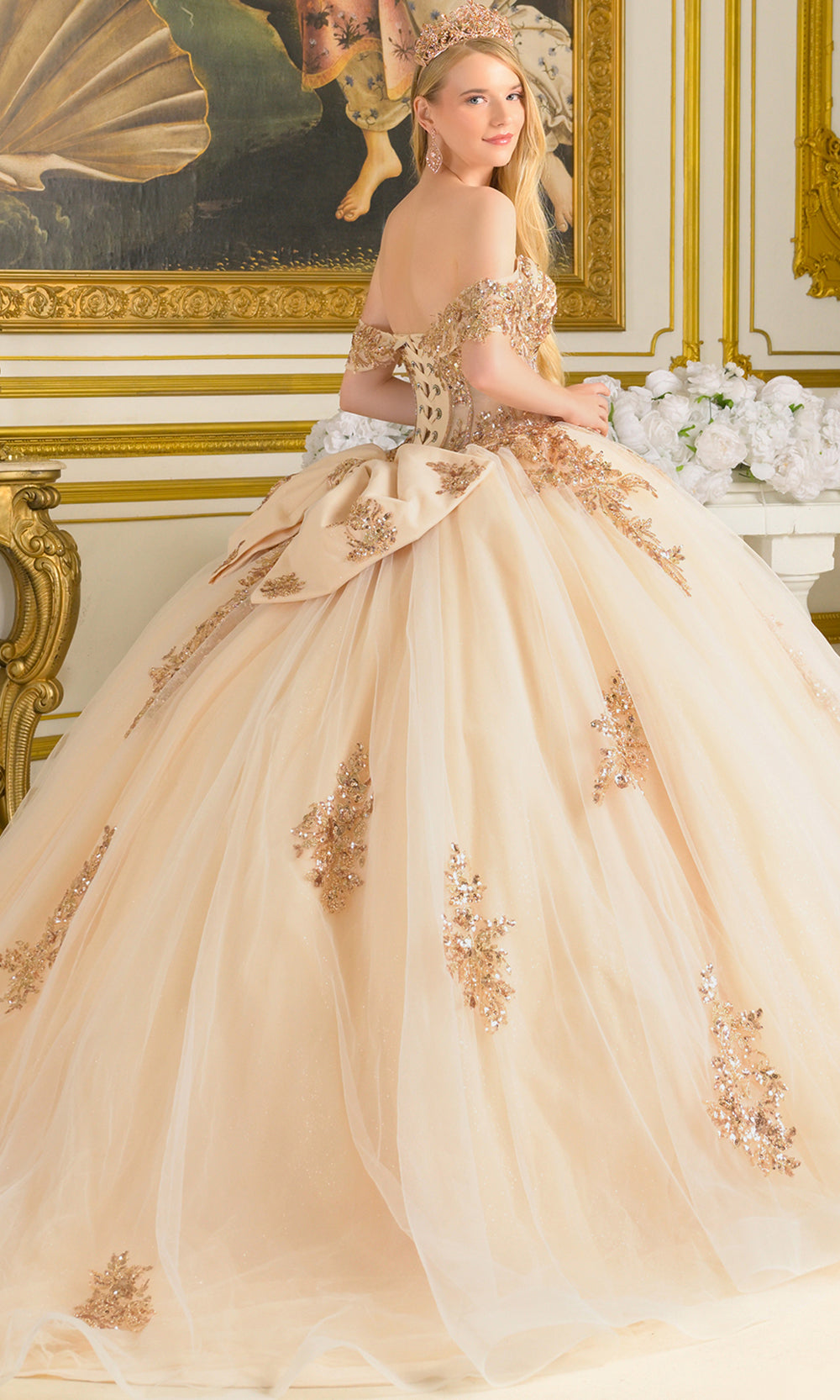 Elizabeth K GL3816 - Beaded Lace Sweetheart Voluminous Gown Quinceanera Dresses in Neutral