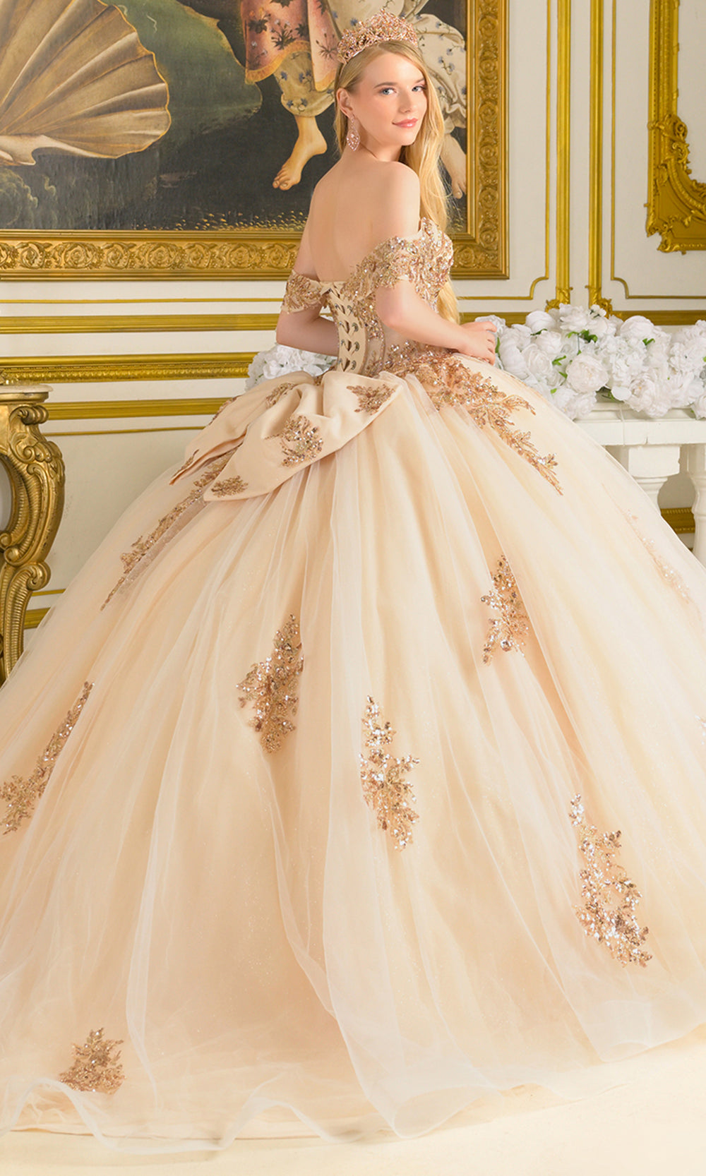 Elizabeth K GL3816 - Beaded Lace Sweetheart Voluminous Gown Quinceanera Dresses in Neutral