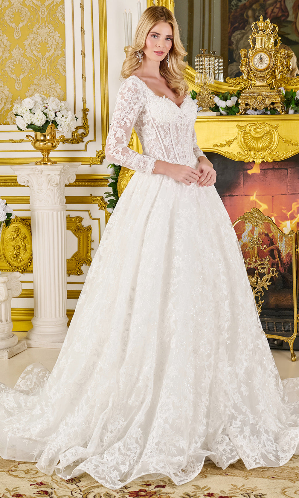 GLS by Gloria Bridal GL3819 - Long Sleeve Basque Waist Ballgown Wedding Dresses in White