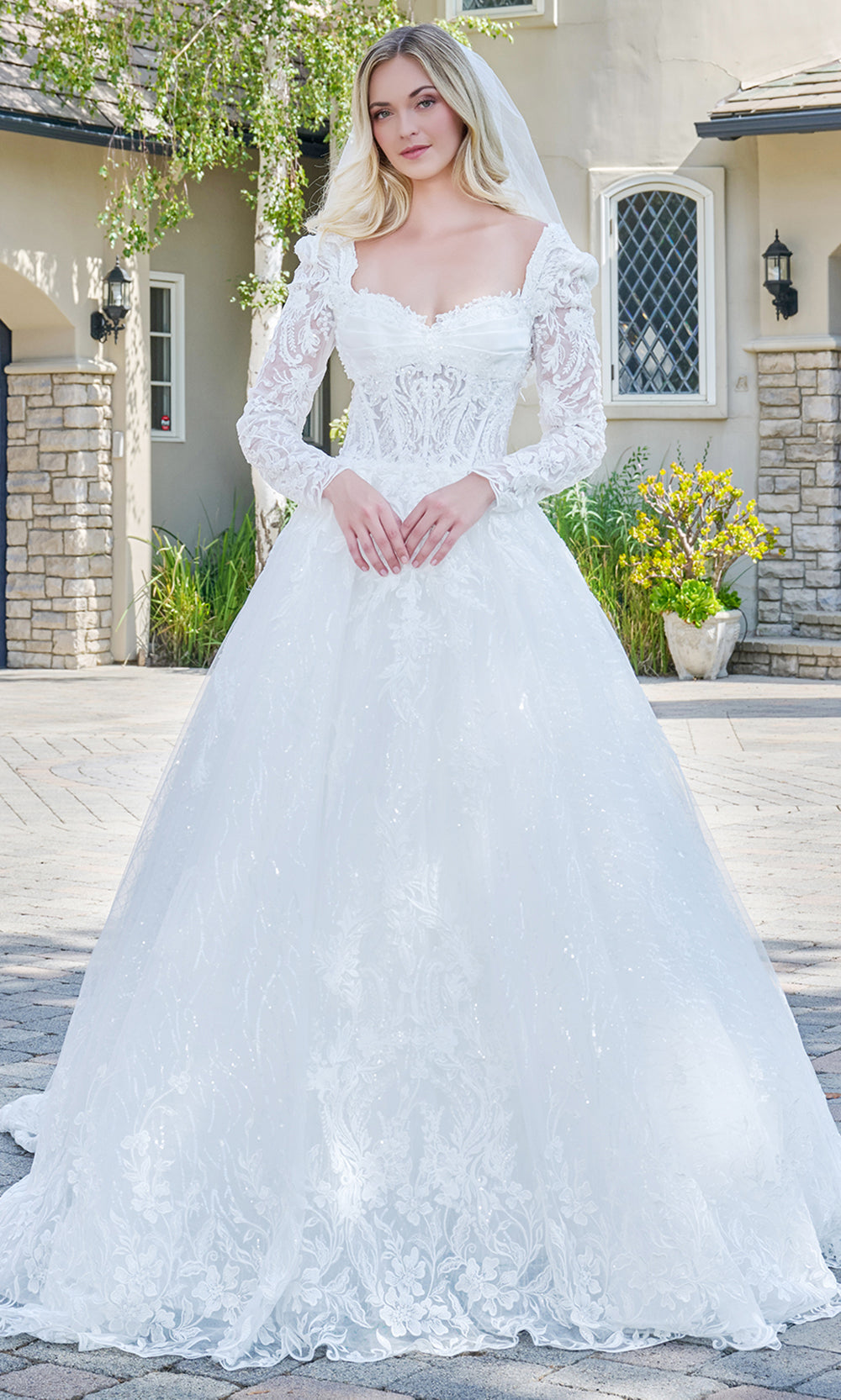 GLS by Gloria Bridal GL3820 - Beaded Lace Pleated Bust Ballgown Wedding Dresses in White