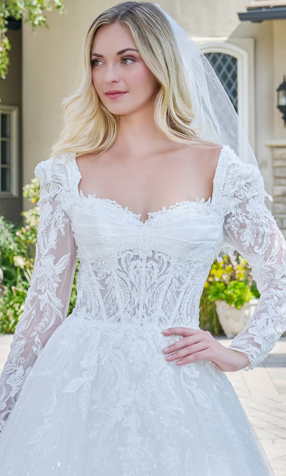 GLS by Gloria Bridal GL3820 - Beaded Lace Pleated Bust Ballgown Wedding Dresses in White