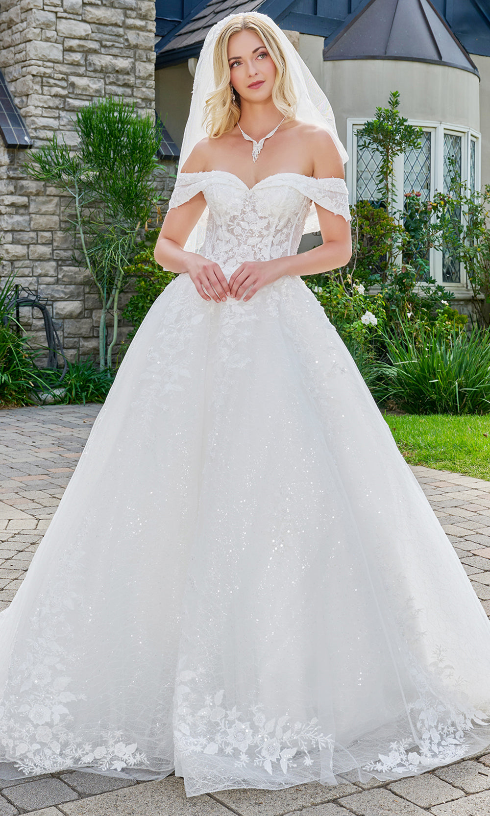 GLS by Gloria Bridal GL3822 - Embroidered Applique Off Shoulder Gown Bridal Dresses in White
