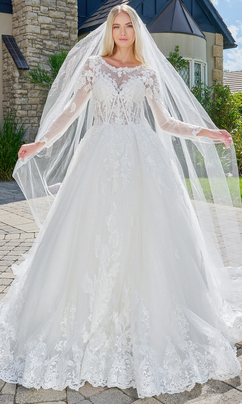 long sleeve mesh wedding dress GLS by Gloria Bridal GL3823 - Ballgown Vintage Look Leather Dress A combination of high blue Indian Gowns - Size:42 / 6 US