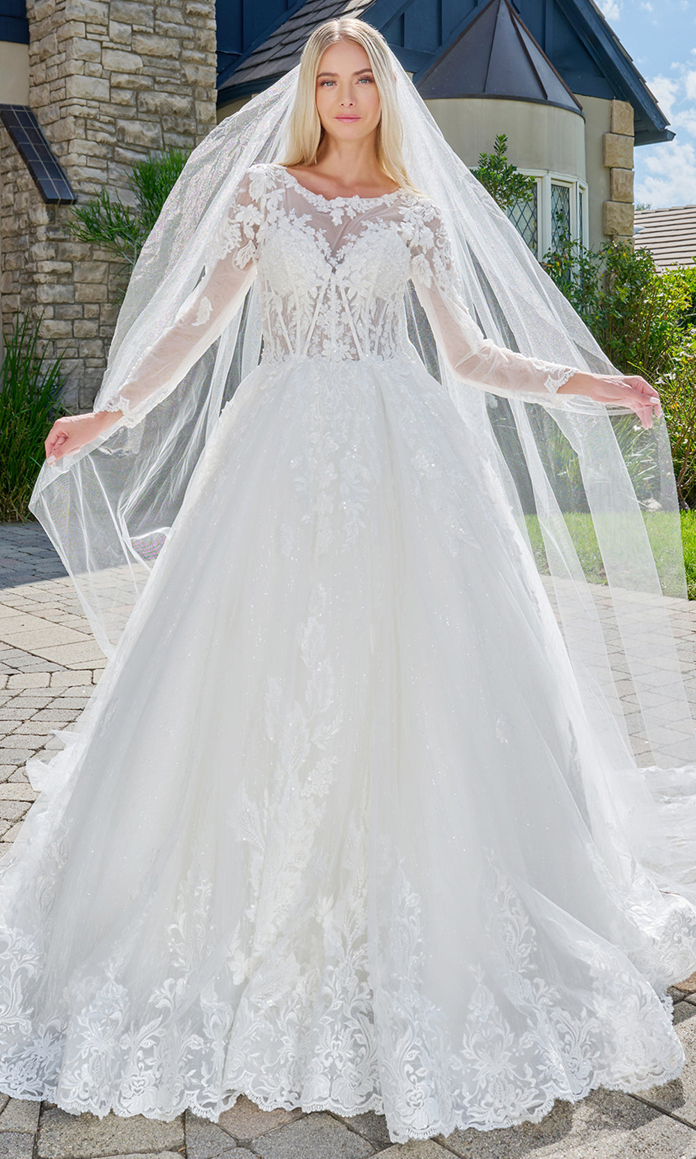 GLS by Gloria Bridal GL3823 - Illusion Scoop Neck Embroidered Mesh Gown Bridal Dresses in White