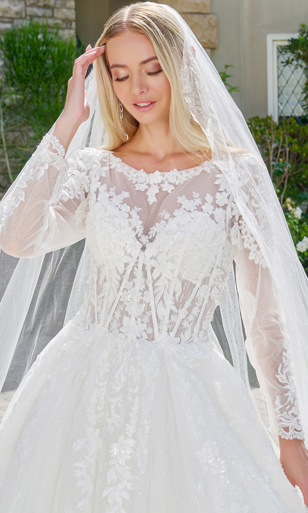 GLS by Gloria Bridal GL3823 - Illusion Scoop Neck Embroidered Mesh Gown Bridal Dresses in White