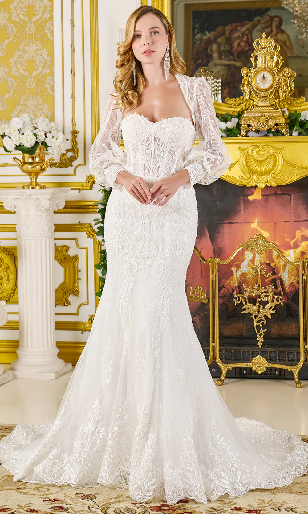 GLS by Gloria Bridal GL3826 - Long-Sleeved Bolero Appliqued Trumpet Gown Bridal Dresses in White