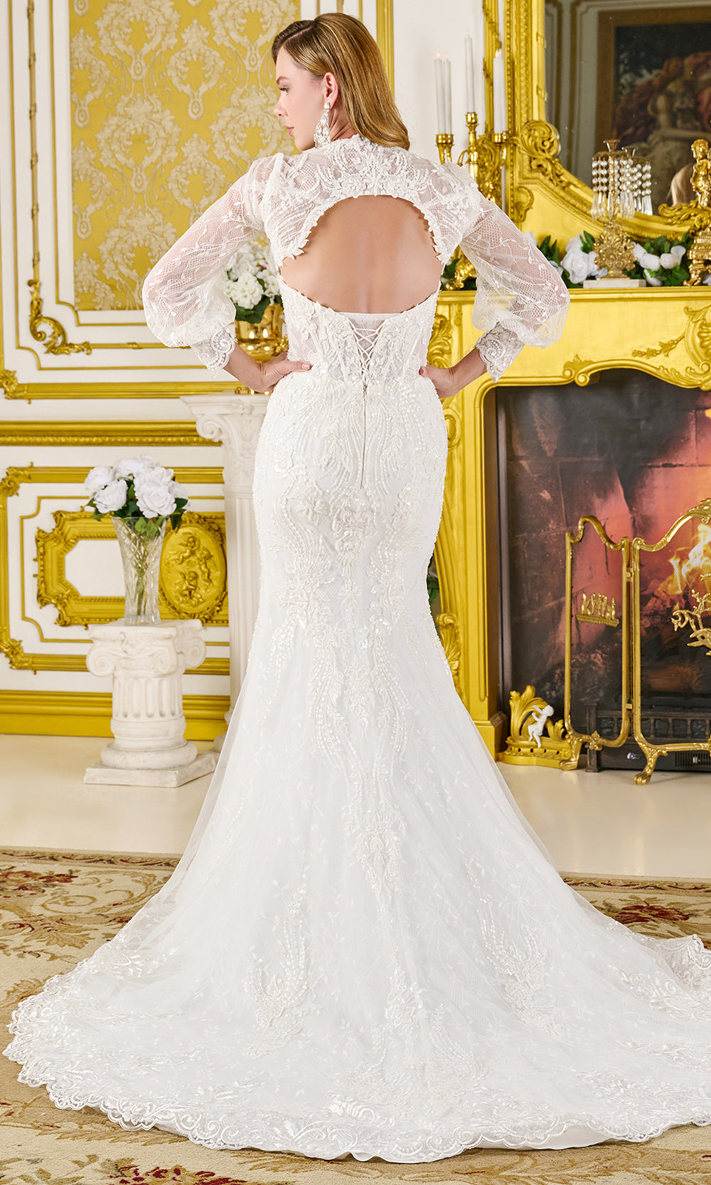 GLS by Gloria Bridal GL3826 - Long-Sleeved Bolero Appliqued Trumpet Gown Bridal Dresses in White