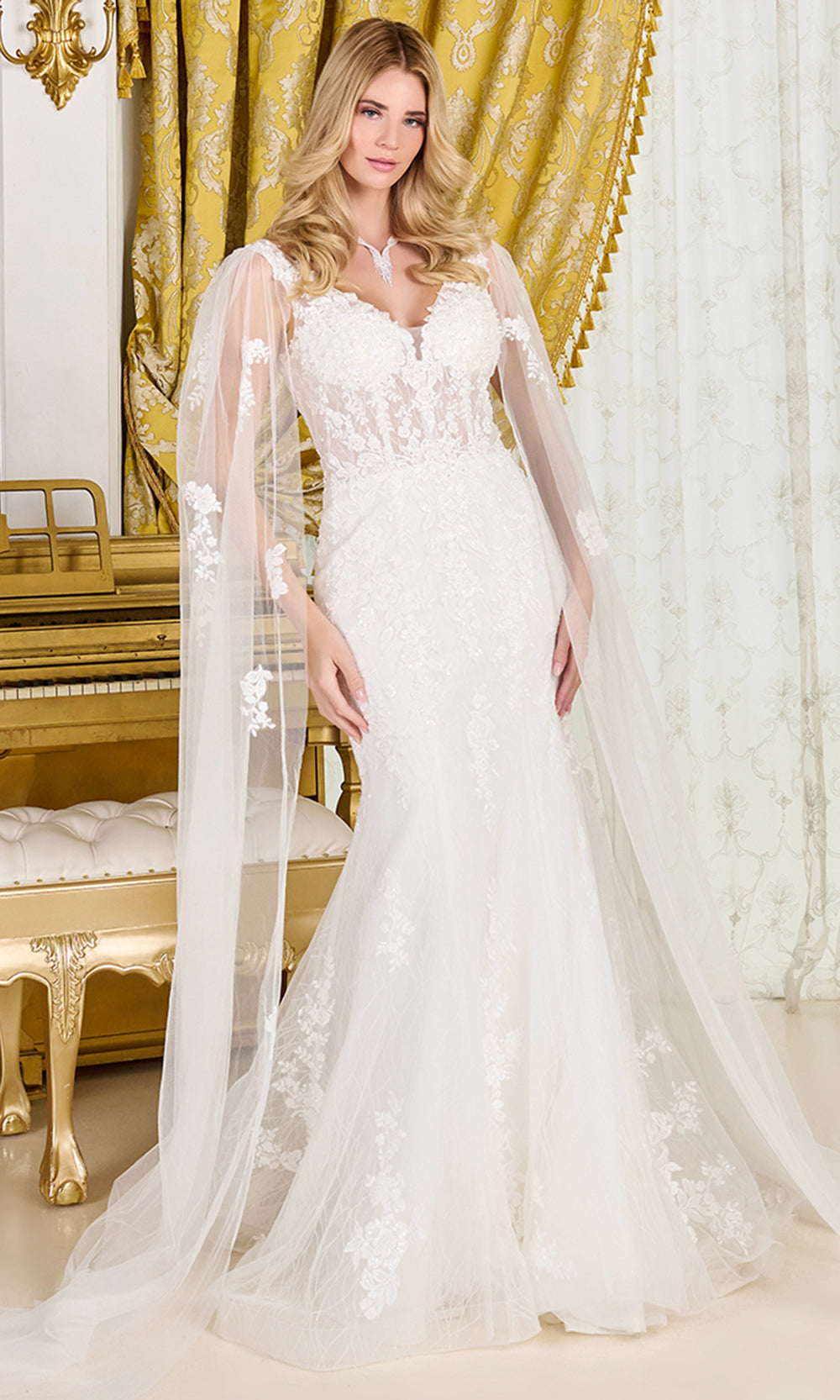 GLS by Gloria Bridal GL3829 - V-Neckline Floral Applique Long Gown Bridal Dresses in White
