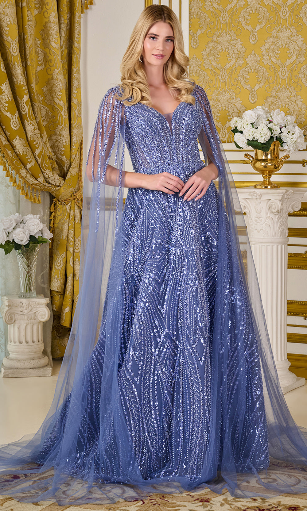 GLS by Gloria GL3833 - Plunging V-Neck Sparkle Formal Gown Mother of the Bride Dresses in Blue