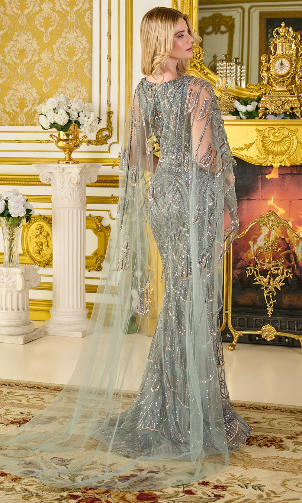 GLS by Gloria GL3834 - Illusion Cape Sparkling Beaded Formal Gown Mother of the Bride Dresses in Gray and Green