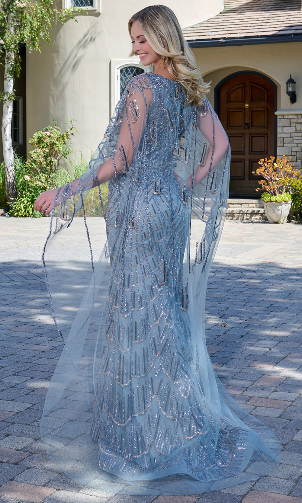 GLS by Gloria GL3834 - Illusion Cape Sparkling Beaded Formal Gown Mother of the Bride Dresses in Gray and Green