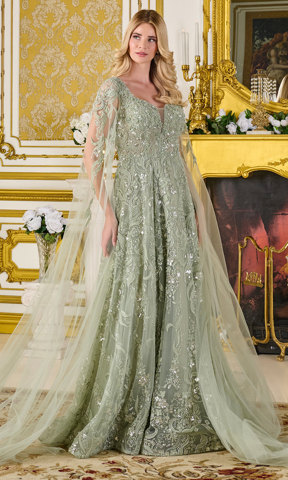 GLS by Gloria GL3838 - Plunging V-Neck A-Line Gown with Floral Accent Mother of the Bride Dresses in Green