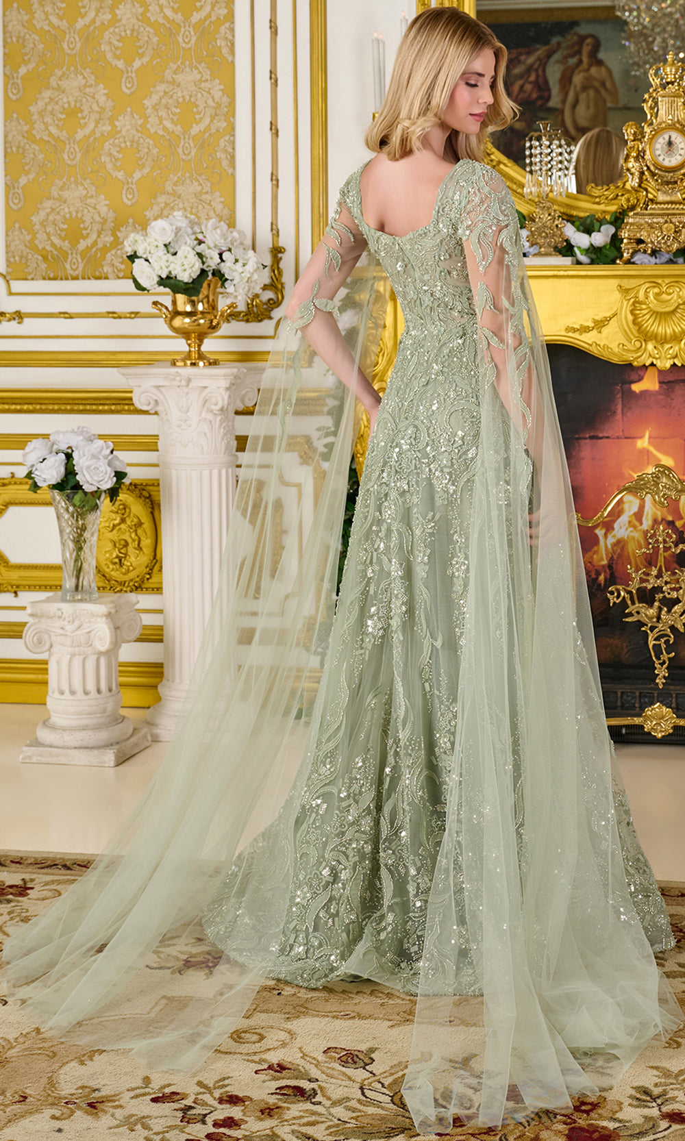 GLS by Gloria GL3838 - Plunging V-Neck A-Line Gown with Floral Accent Mother of the Bride Dresses in Green