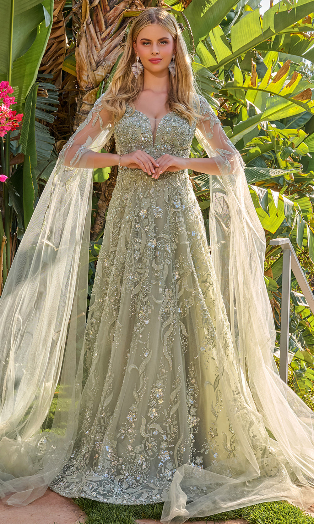 GLS by Gloria GL3838 - Plunging V-Neck A-Line Gown with Floral Accent Mother of the Bride Dresses in Green