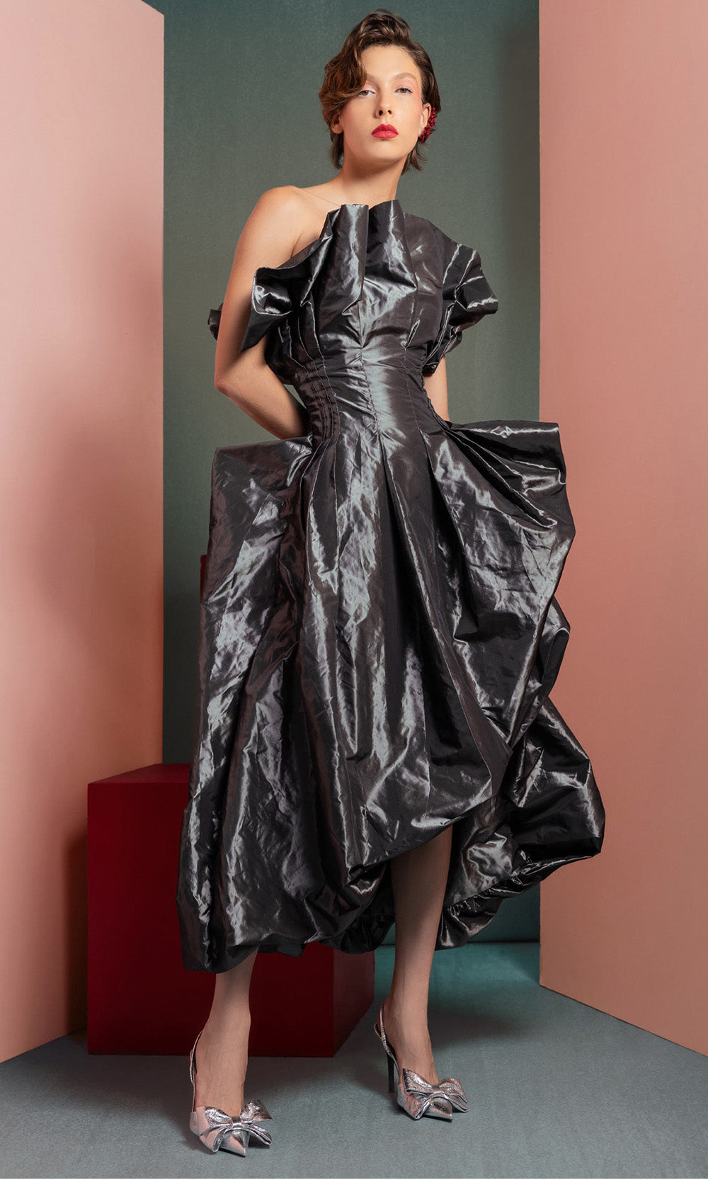 MNM COUTURE GOF2503 - Taffeta Strapless Draped Evening Dress Prom Dresses Antrasit