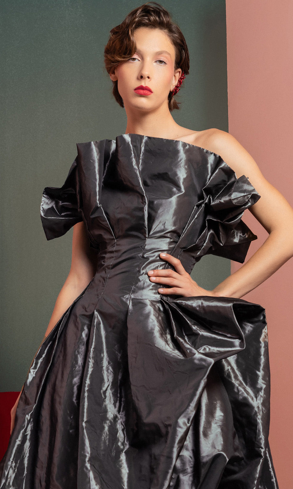 MNM COUTURE GOF2503 - Taffeta Strapless Draped Evening Dress Prom Dresses Antrasit