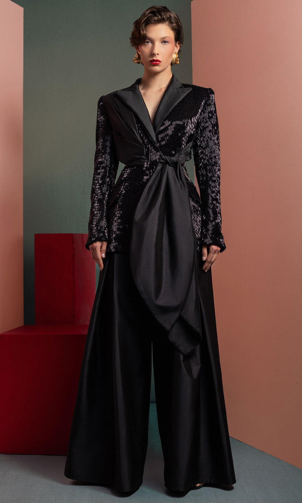 MNM COUTURE GOF2505 - Textured Jacket Wide Leg Pantsuit Formal Pantsuits Black