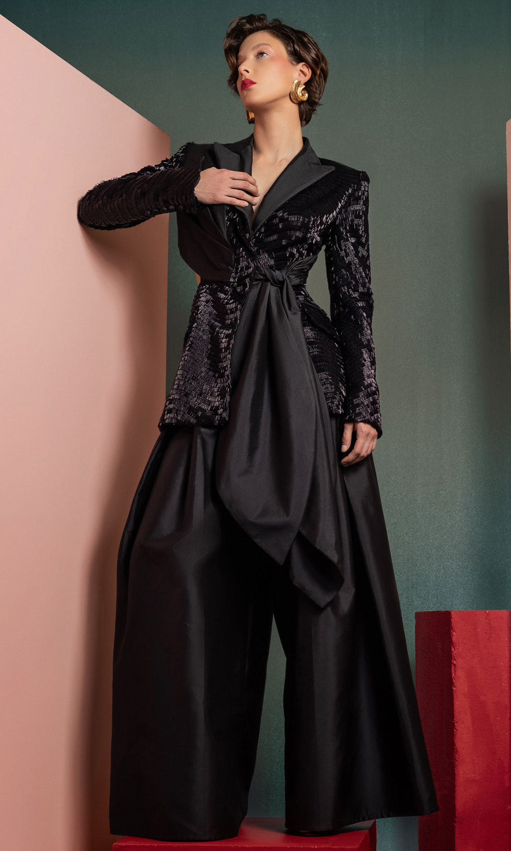 MNM COUTURE GOF2505 - Textured Jacket Wide Leg Pantsuit Formal Pantsuits Black