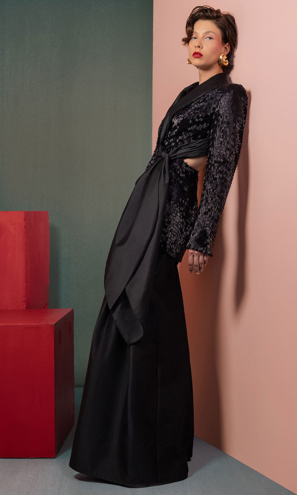 MNM COUTURE GOF2505 - Textured Jacket Wide Leg Pantsuit Formal Pantsuits Black