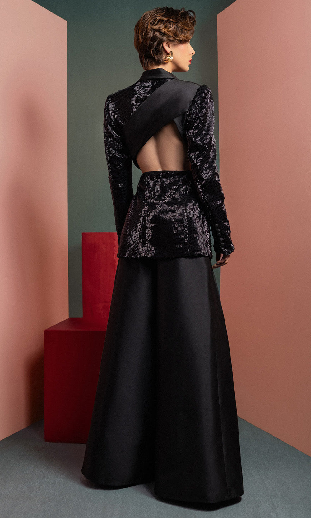 MNM COUTURE GOF2505 - Textured Jacket Wide Leg Pantsuit Formal Pantsuits Black