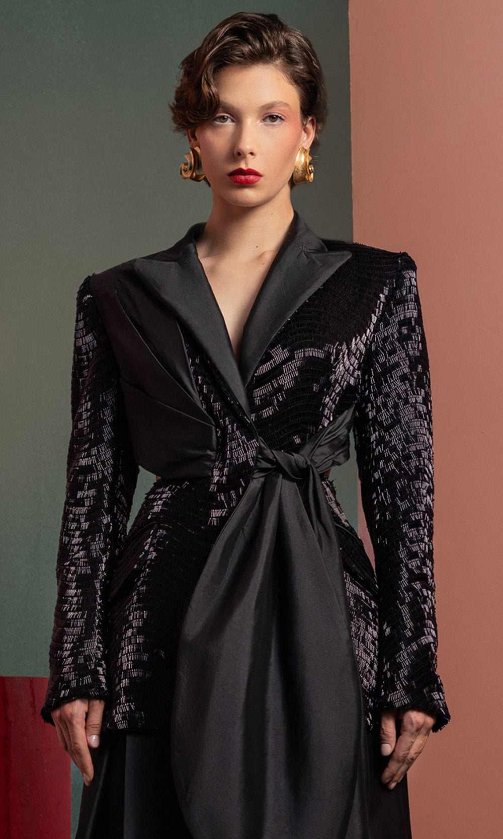MNM COUTURE GOF2505 - Textured Jacket Wide Leg Pantsuit Formal Pantsuits Black
