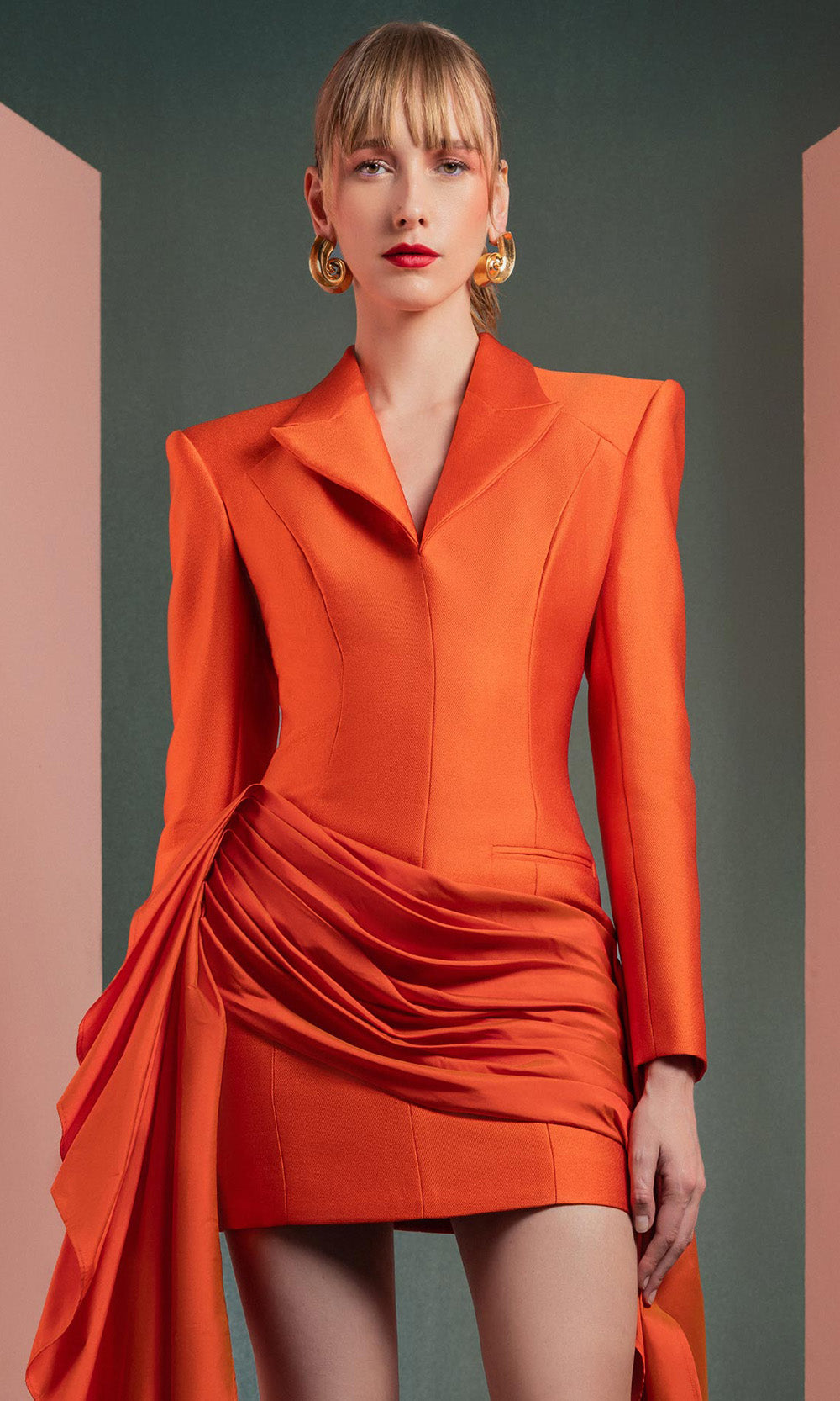 MNM COUTURE GOF2507 - Structured V-Neck Ruched Cocktail Dress Cocktail Dresses Orange