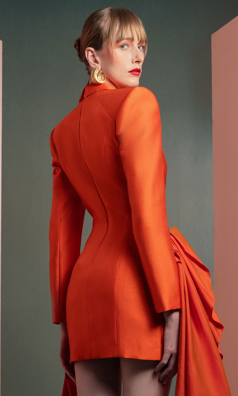 MNM COUTURE GOF2507 - Structured V-Neck Ruched Cocktail Dress Cocktail Dresses Orange