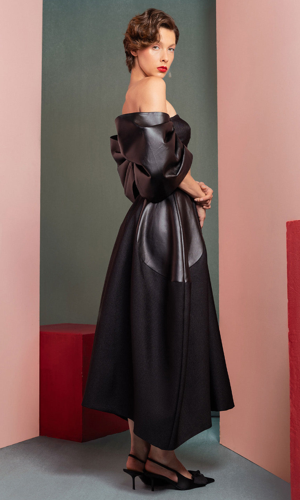MNM COUTURE GOF2509 - Off-Shoulder Puff Sleeve A-Line Dress Party Dresses In Black