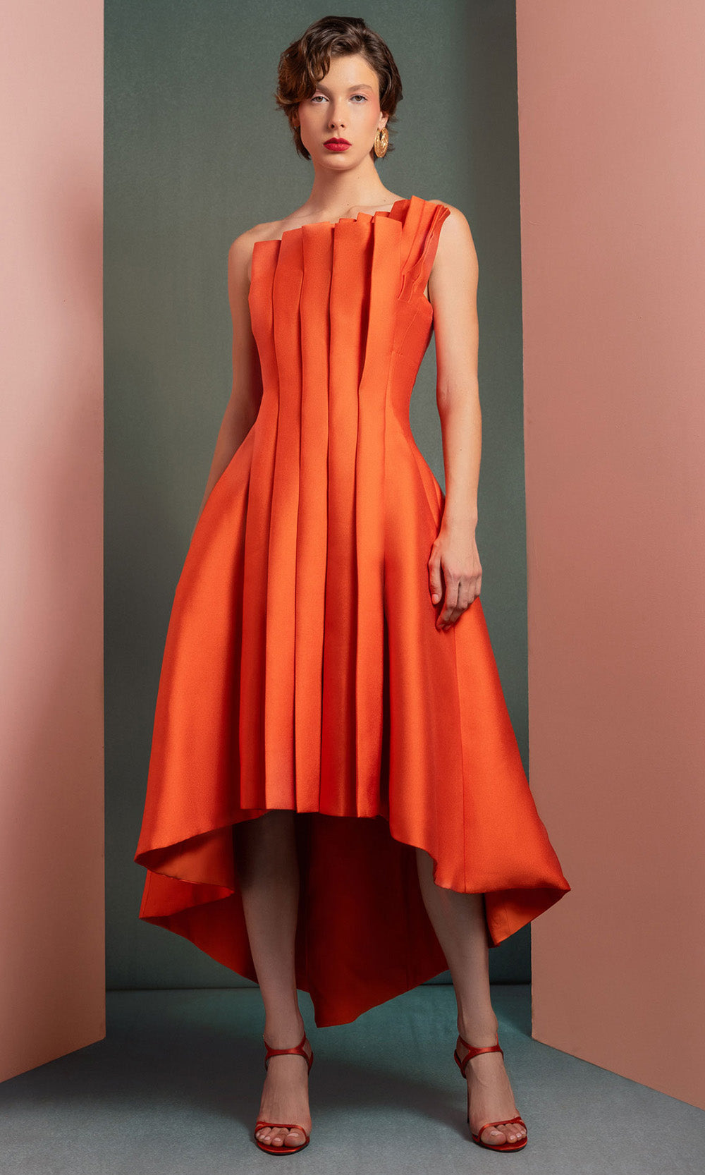MNM COUTURE GOF2510 - Strapless Pleated Bodice A-Line Dress Formal Gowns Orange