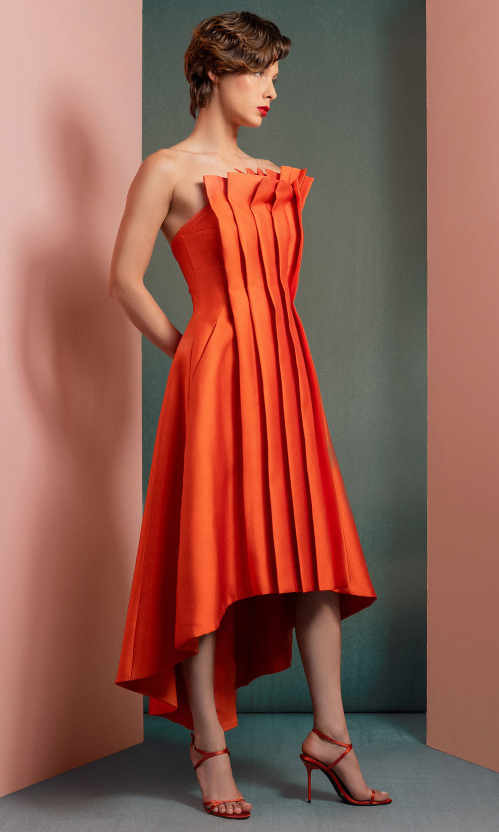 MNM COUTURE GOF2510 - Strapless Pleated Bodice A-Line Dress Formal Gowns Orange