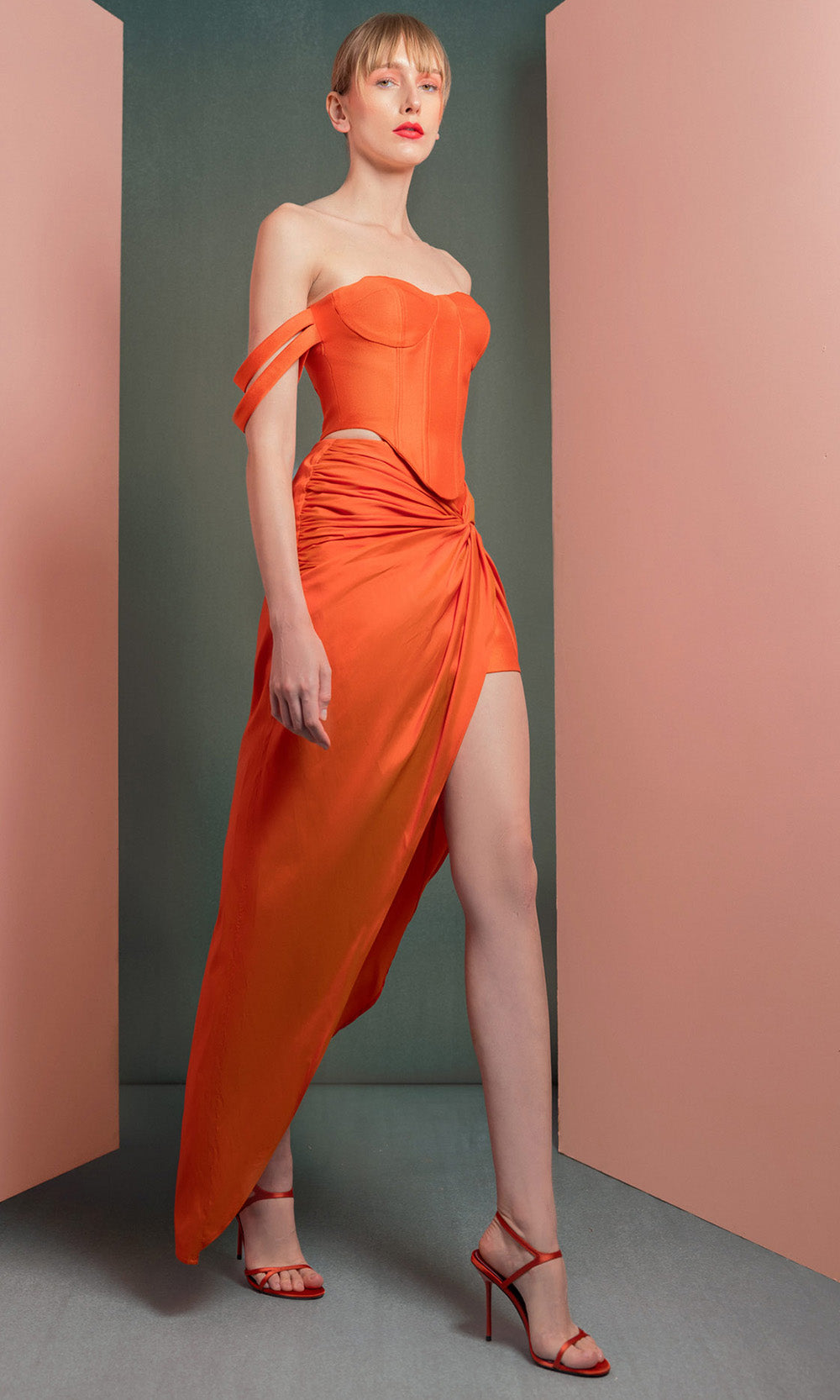 MNM COUTURE GOF2513 - Sweetheart Corset High Low Dress Evening Dresses in Orange