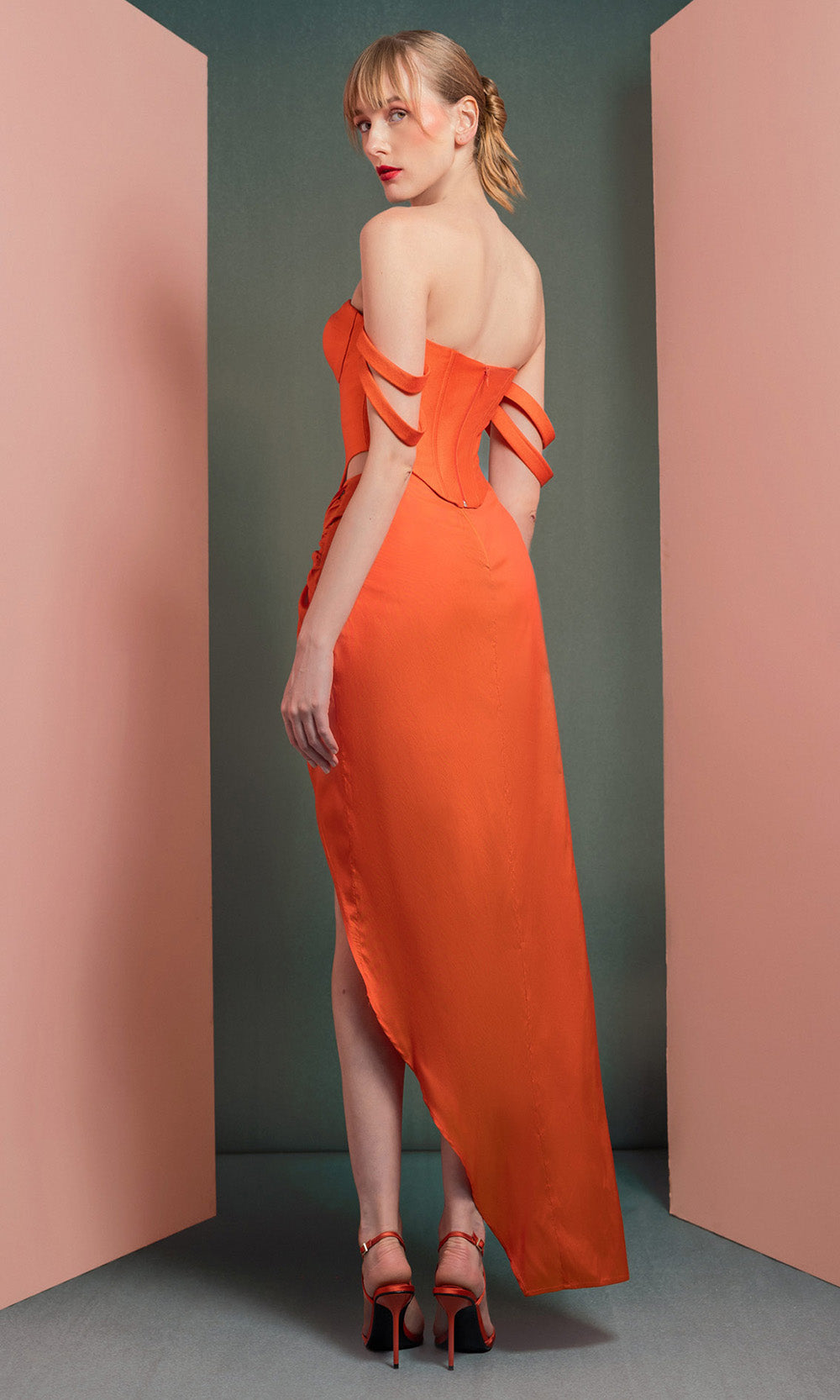 MNM COUTURE GOF2513 - Sweetheart Corset High Low Dress Evening Dresses in Orange