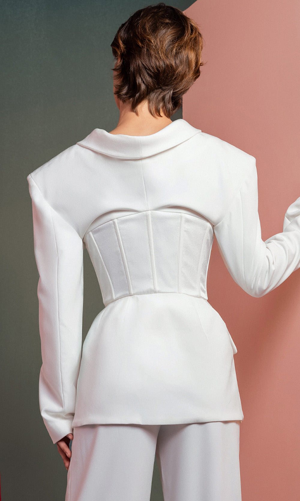 MNM COUTURE GOF2514 - Collared V-Neck Crepe Pantsuit Formal Pantsuits in Off White