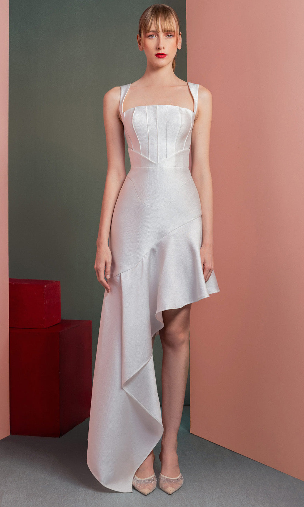 MNM COUTURE GOF2517 - Structured Square Neck Hi-Low Dress Prom Dresses in Off White