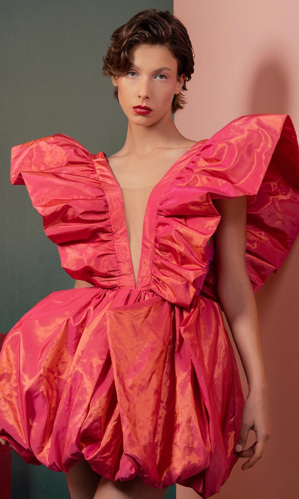MNM COUTURE GOF2518 - Exaggerated Ruffled Sleeve A-Line Mini Dress Prom Dresses in Coral