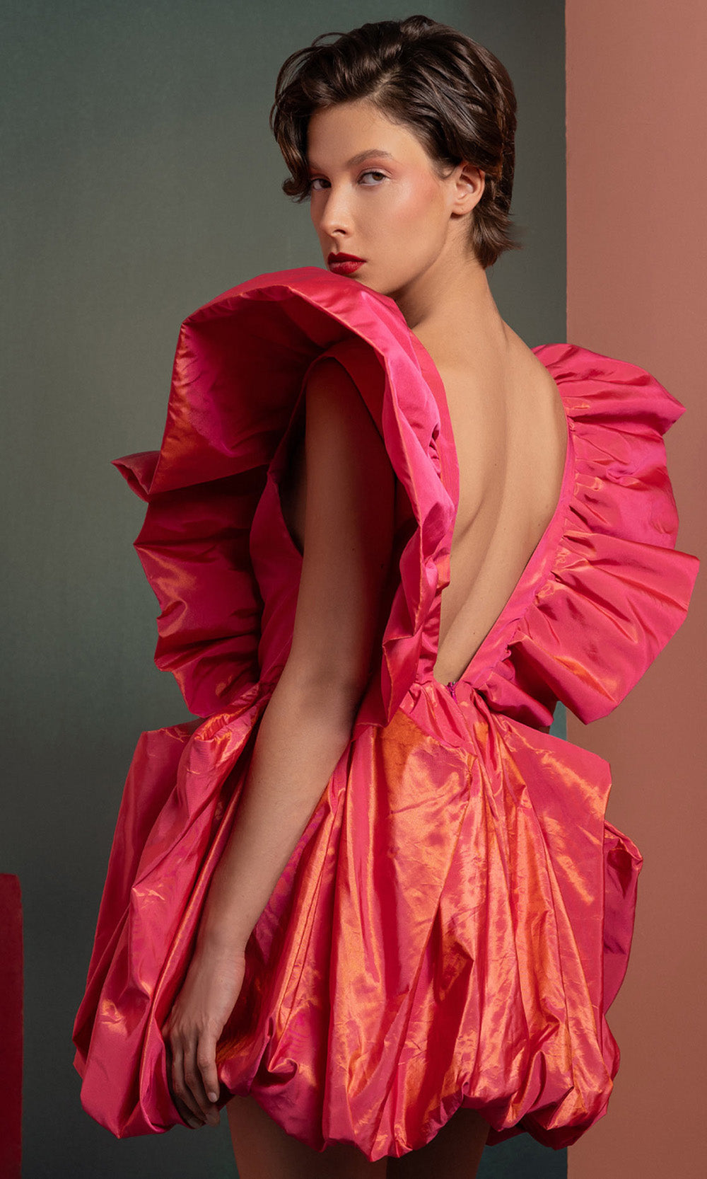 MNM COUTURE GOF2518 - Exaggerated Ruffled Sleeve A-Line Mini Dress Prom Dresses in Coral