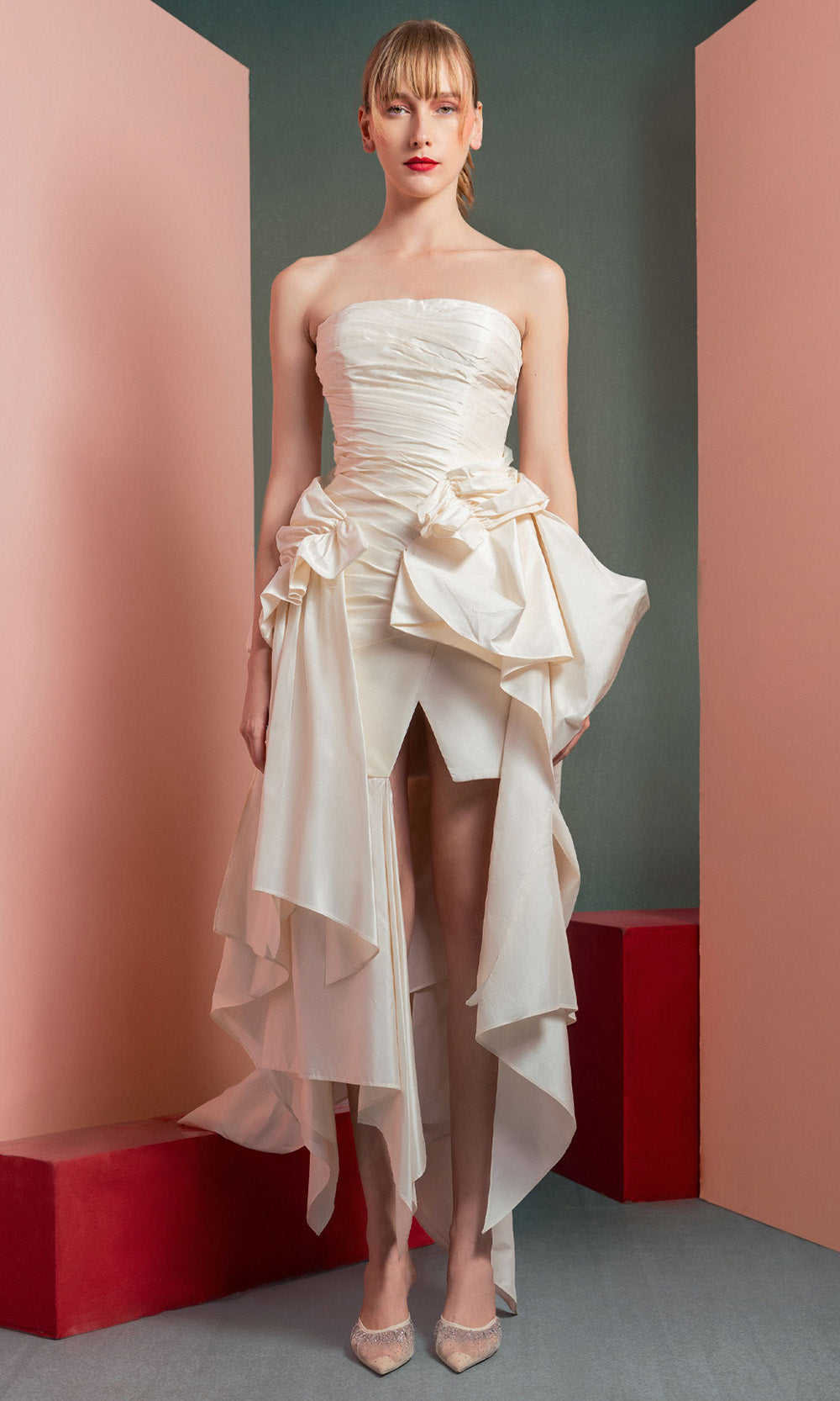 MNM COUTURE GOF2519 - Handkerchief Hem Straight Neckline Evening Dress Prom Dresses in Off White