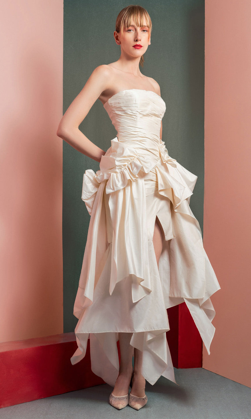 MNM COUTURE GOF2519 - Handkerchief Hem Straight Neckline Evening Dress Prom Dresses in Off White
