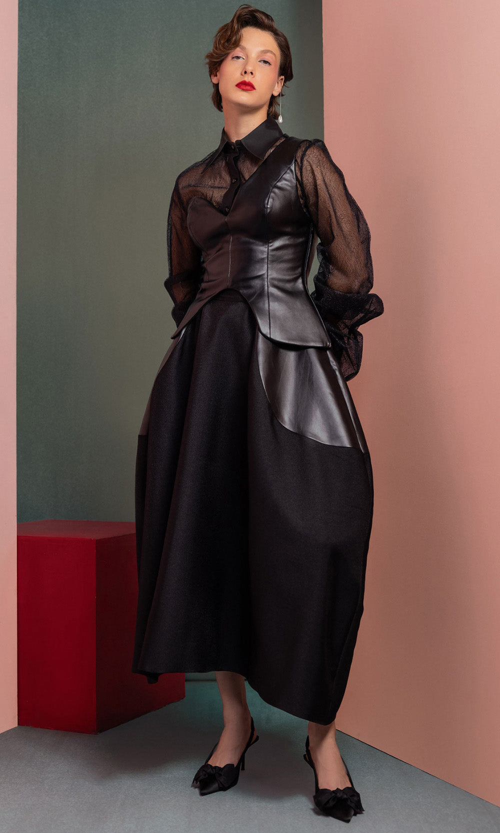 MNM COUTURE GOF2520 - High Neck Leather Top A-line Dress Prom Dresses in Black